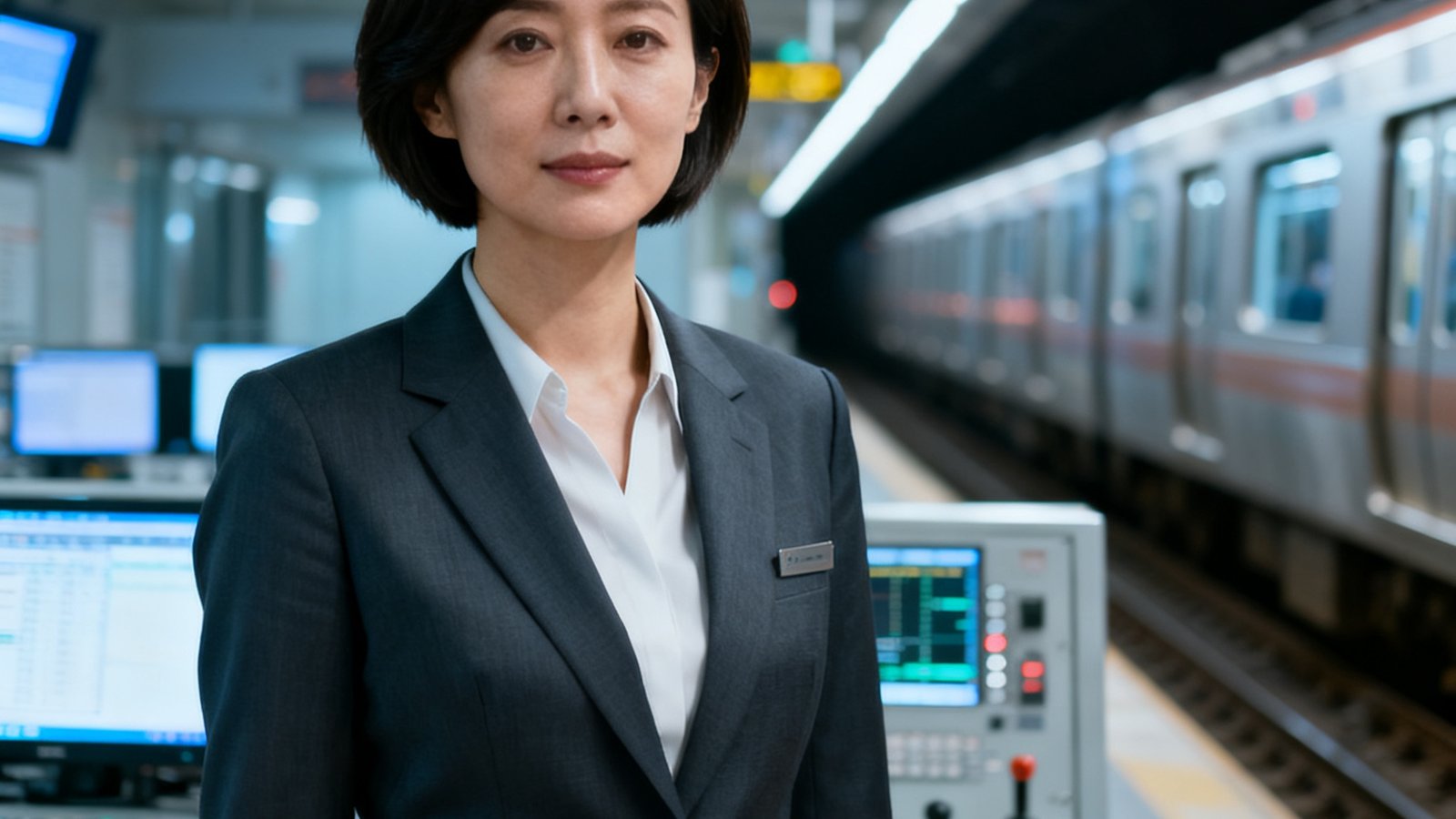 一位短发干练的女性总工程师站在地铁控制中心前的正面半身照片